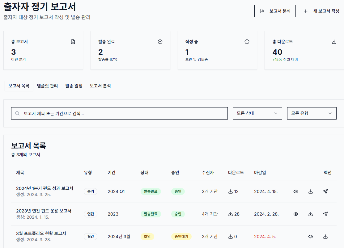 출자자 정기 보고서 화면